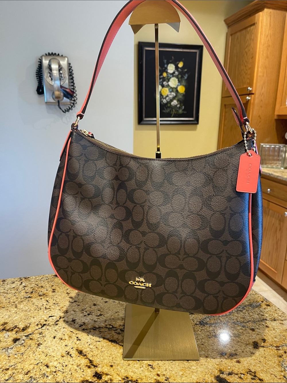 Coach Brown Signature Hobo with Coral Trim